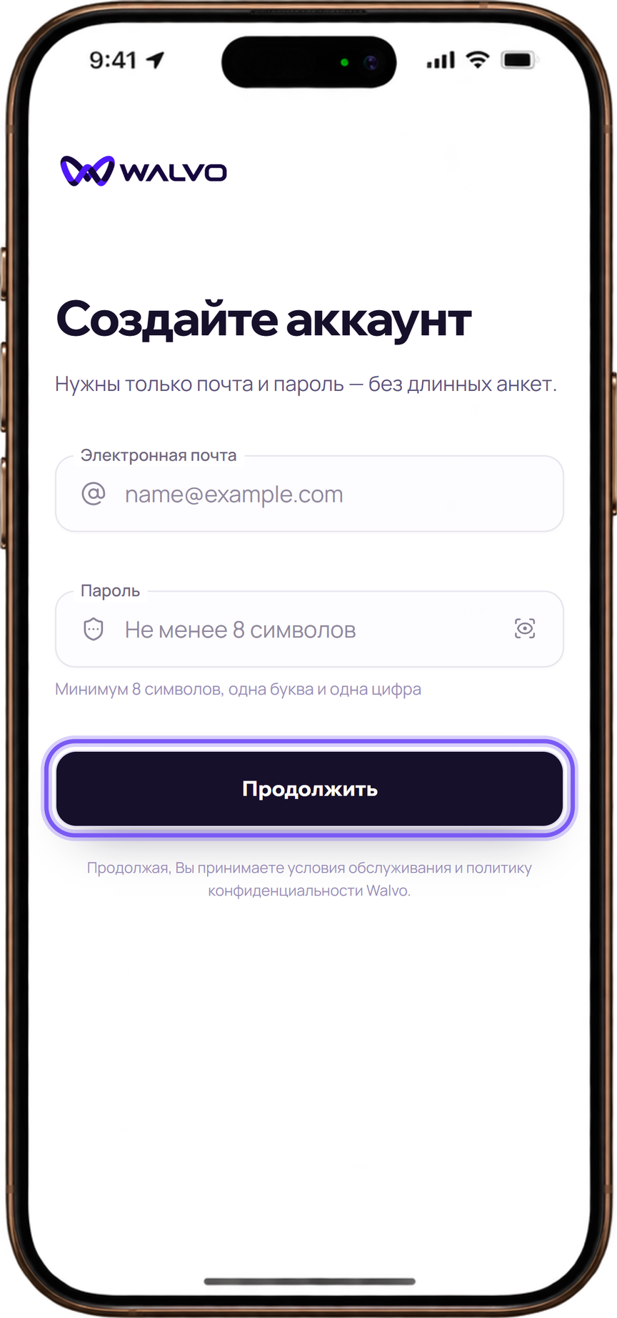 Введите почту и пароль и нажмите «Продолжить» — паспорт и телефон не нужны.