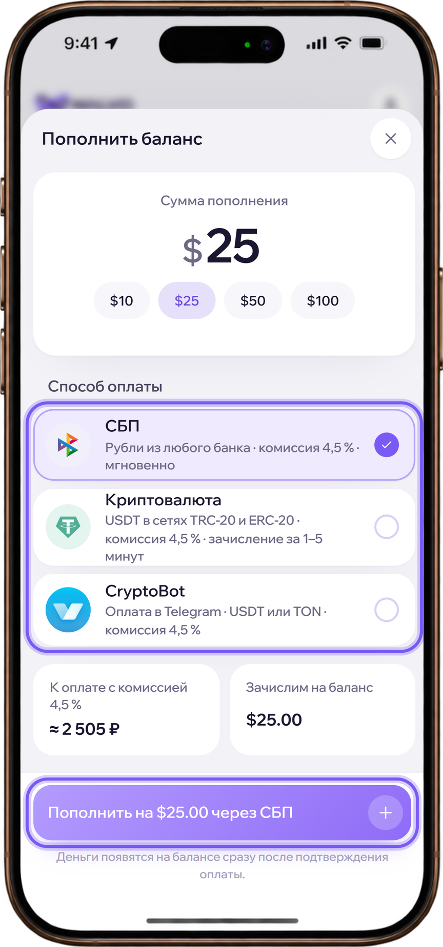 Укажите сумму, выберите СБП, USDT или CryptoBot и нажмите «Пополнить».